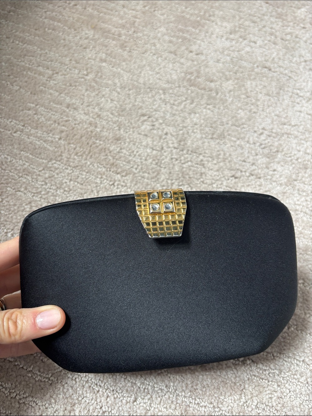 RODO Italy Satin Black Hard Shell Gold Chain Handbag Clutch Rhinestone Clasp
